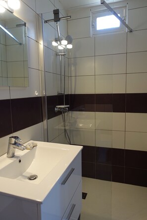 Douche, séchoir à cheveux, papier de toilette
