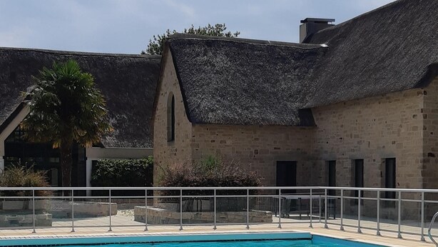 Una piscina con bordo piastrellato, un edificio con tetto di paglia sullo sfondo e una palma.