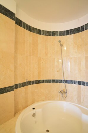 Bathtub, hair dryer, towels, soap