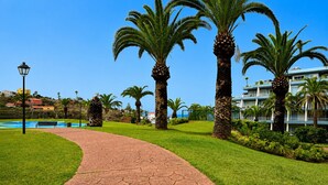 Un camino bordeado de palmeras, una piscina y un edificio con balcones.