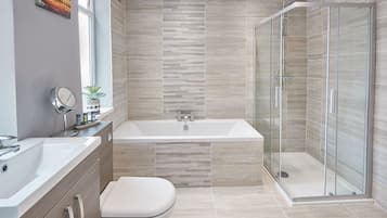 Shower, hair dryer, towels, soap