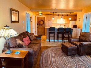 Smart TV, fireplace, video games, DVD player