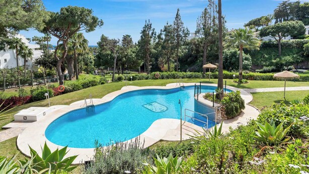 Una piscina rodeada de vegetación, un sendero y un edificio al fondo.