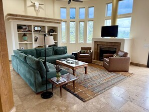 Smart TV, fireplace, books, video library