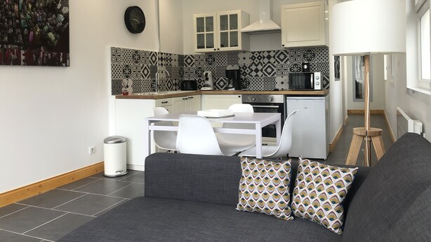 Um espaço compacto com cozinha compacta, área de refeições e sofá com almofadas estampadas.