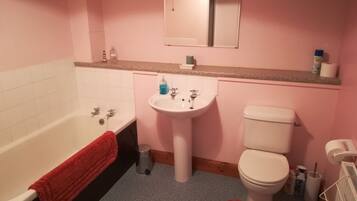 Hair dryer, towels, soap, shampoo