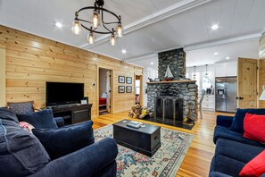 TV connectée, cheminée, lecteur de DVD, livres