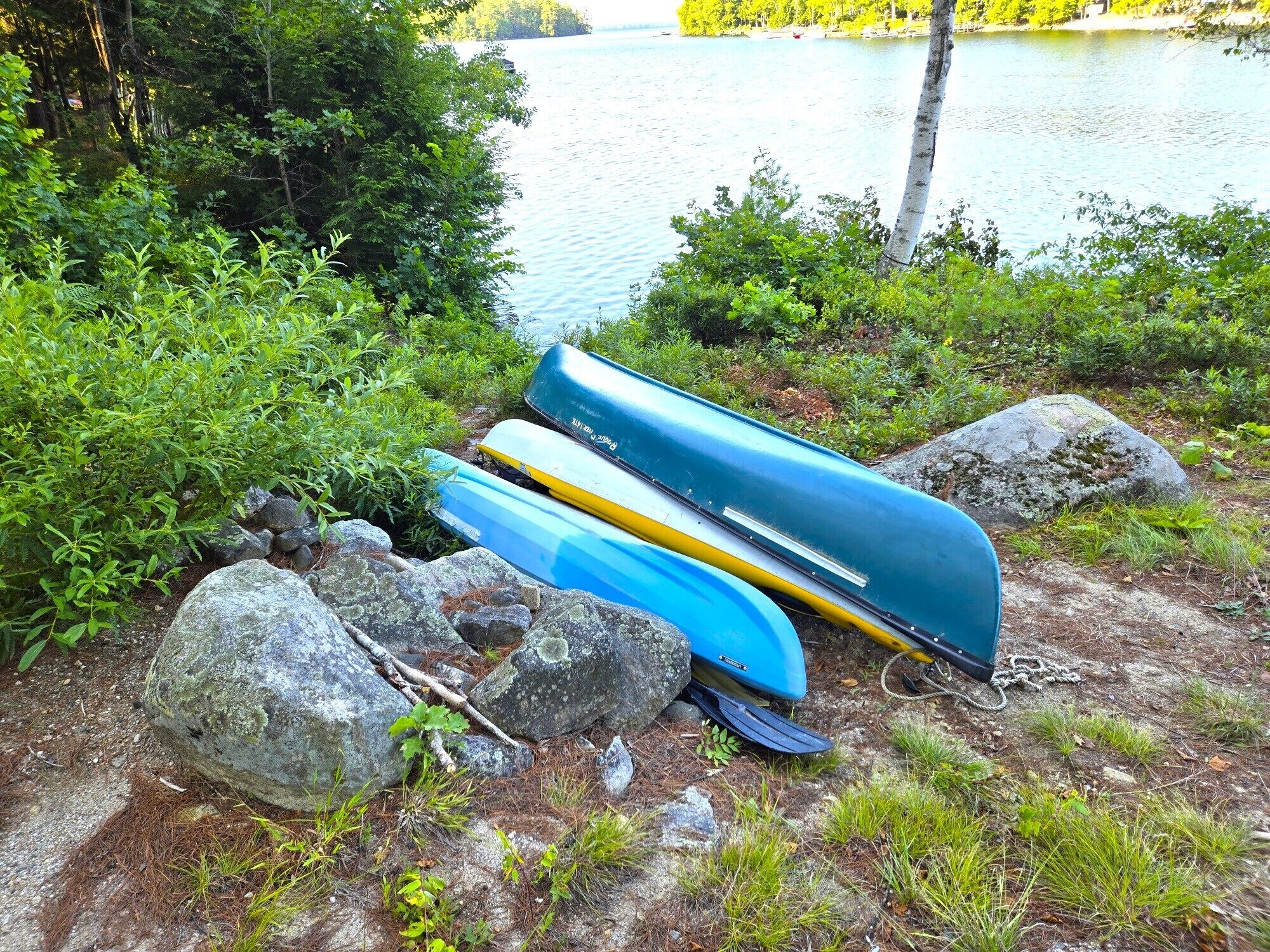 A row of canoes and a paddle leaning against rocks by a lake.