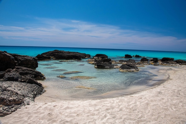 On the beach, sun-loungers, beach towels