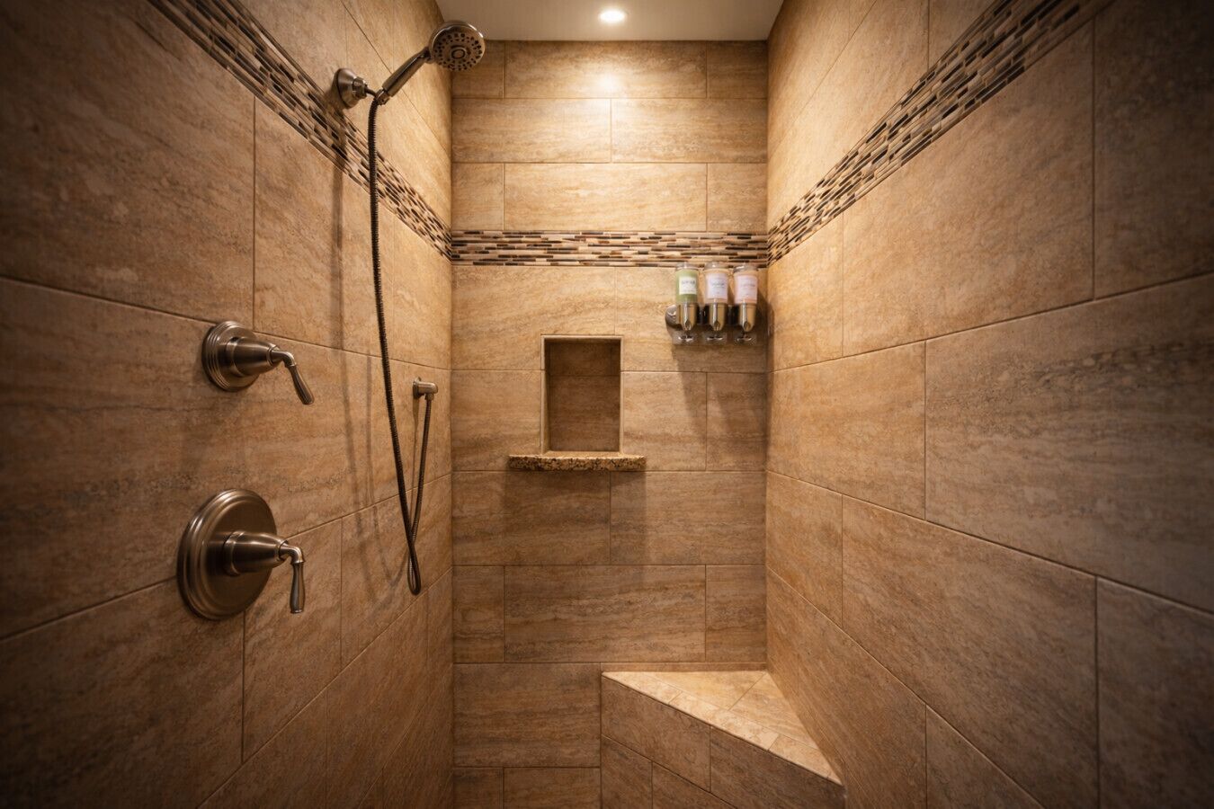 Ducha con cabezal de ducha manual, grifo empotrado en la pared y estante con artículos de aseo.