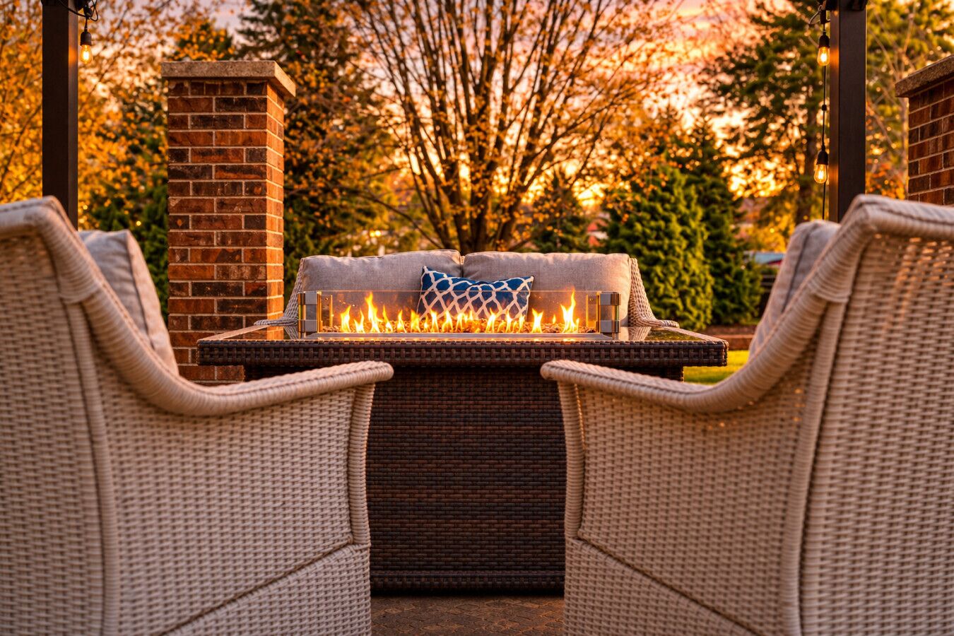 An outdoor seating area with wicker chairs, a fire feature, and a brick wall.