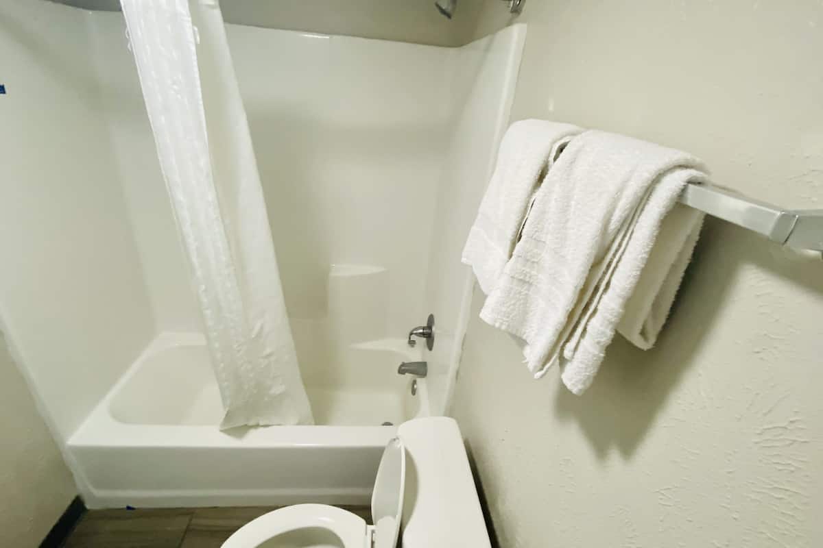 Combined shower/tub, free toiletries, towels