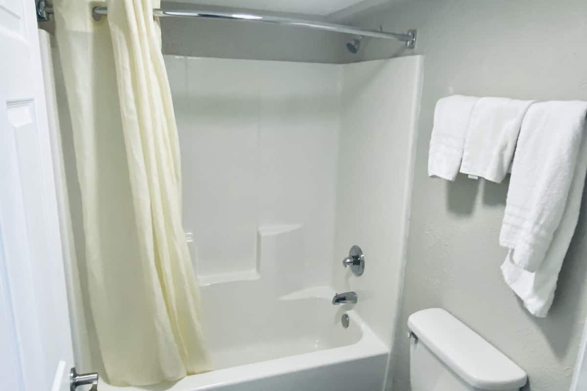 Combined shower/tub, free toiletries, towels