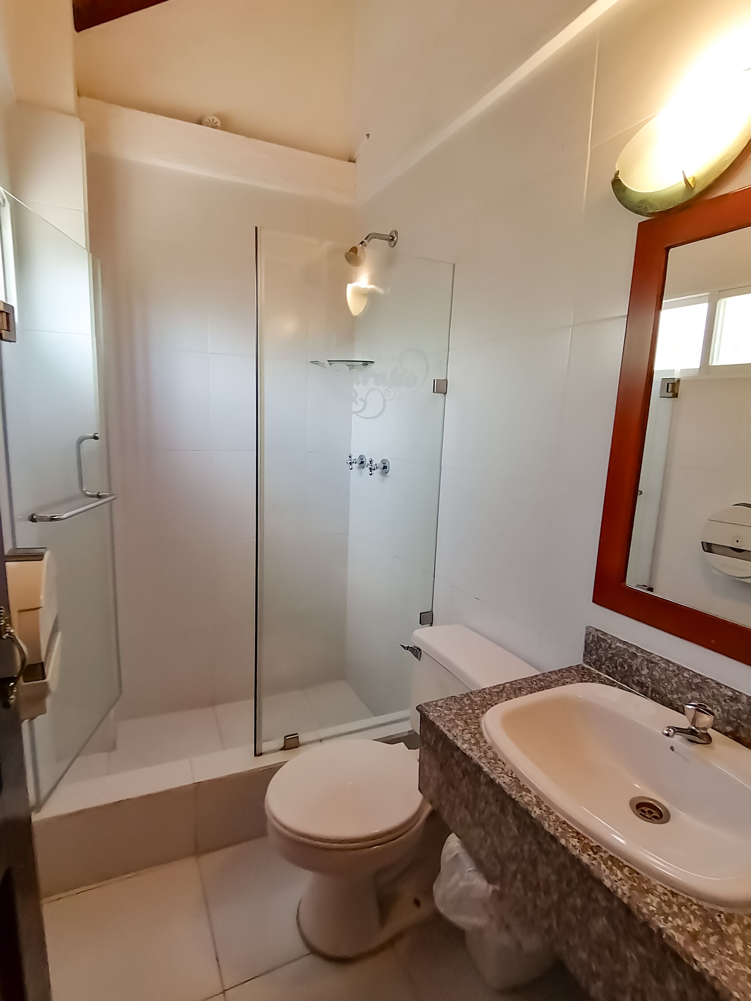 family cabin | bathroom | shower, rainfall showerhead, designer toiletries, hair dryer