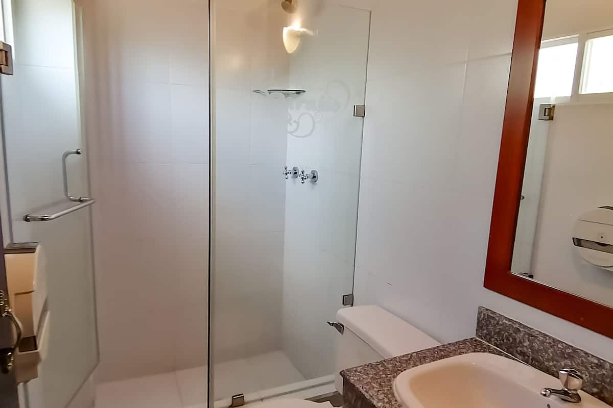 family cabin | bathroom | shower, rainfall showerhead, designer toiletries, hair dryer