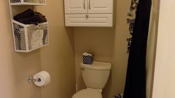 Combined shower/tub, hair dryer, towels, soap