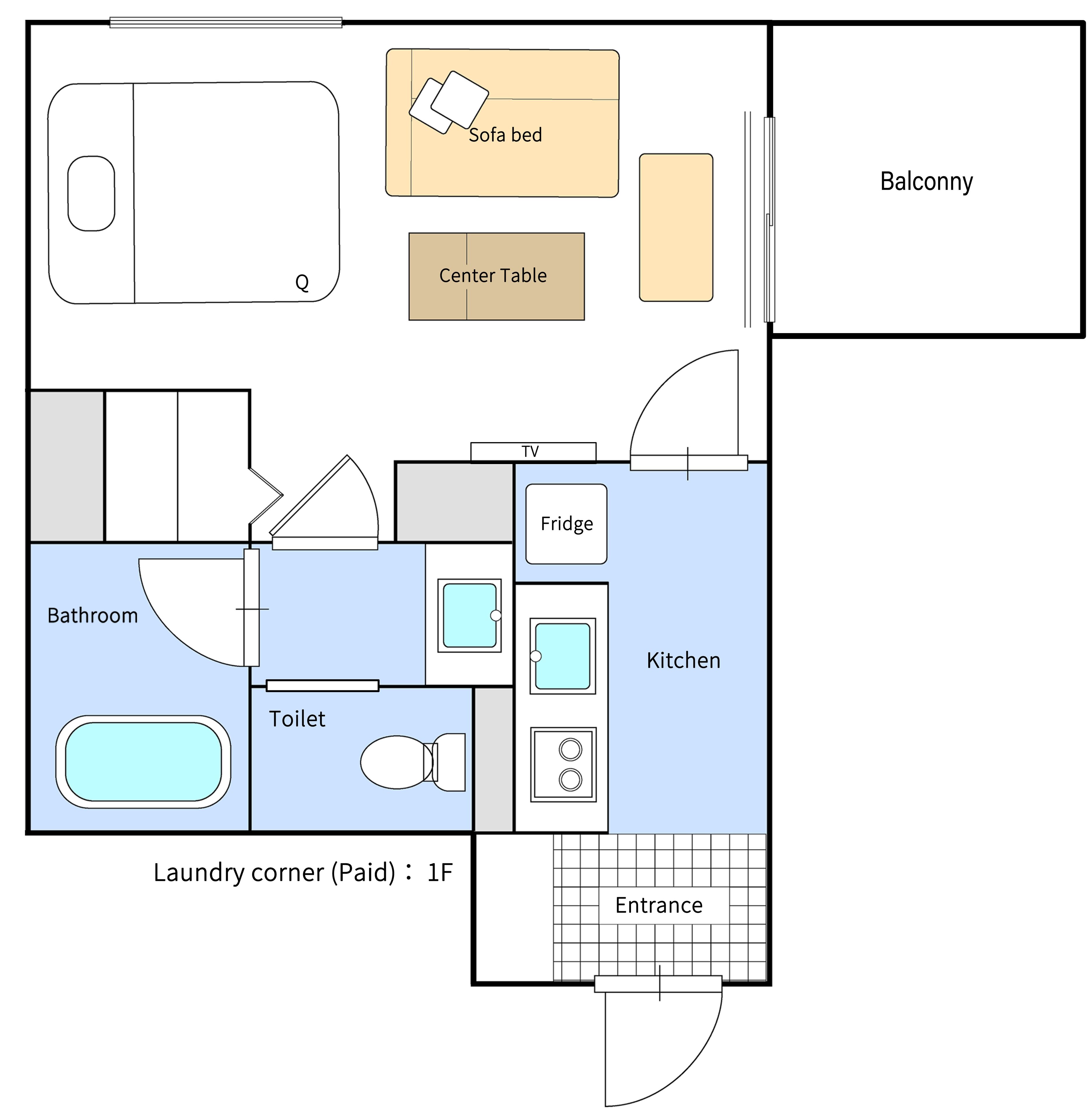 Plan d’un étage d’une chambre d’hôtel comprenant un balcon, un canapé-lit, une table basse, un téléviseur, un réfrigérateur, une cuisine, une salle de bain et un coin buanderie.