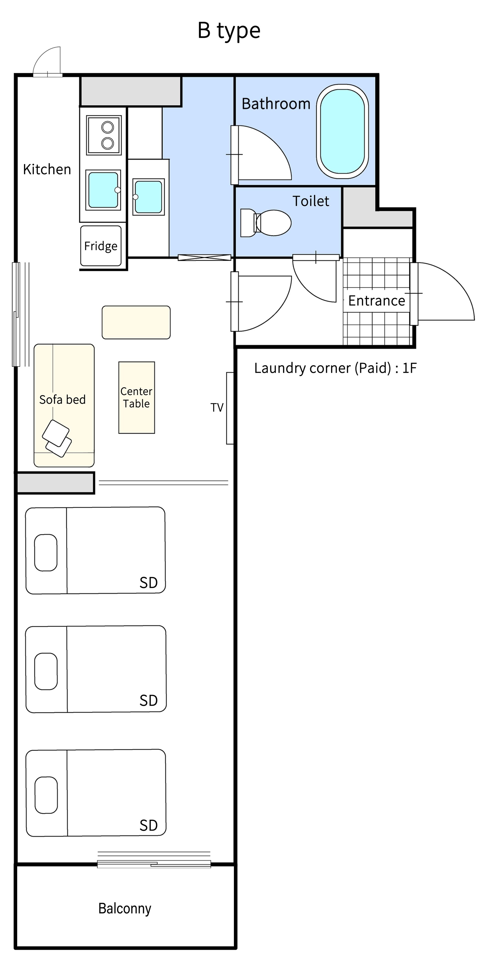 A B type room layout with a kitchen, bathroom, sofa bed, center table, TV, balcony, and a laundry corner.