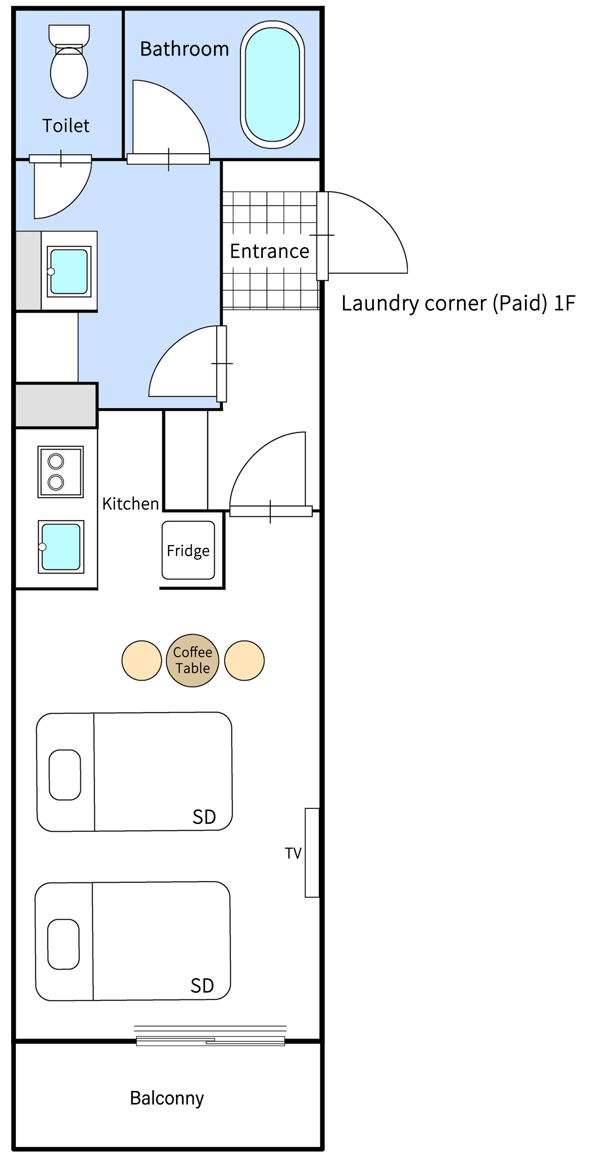 Planta de um quarto de hotel com banheiro, vaso sanitário, cozinha e varanda.