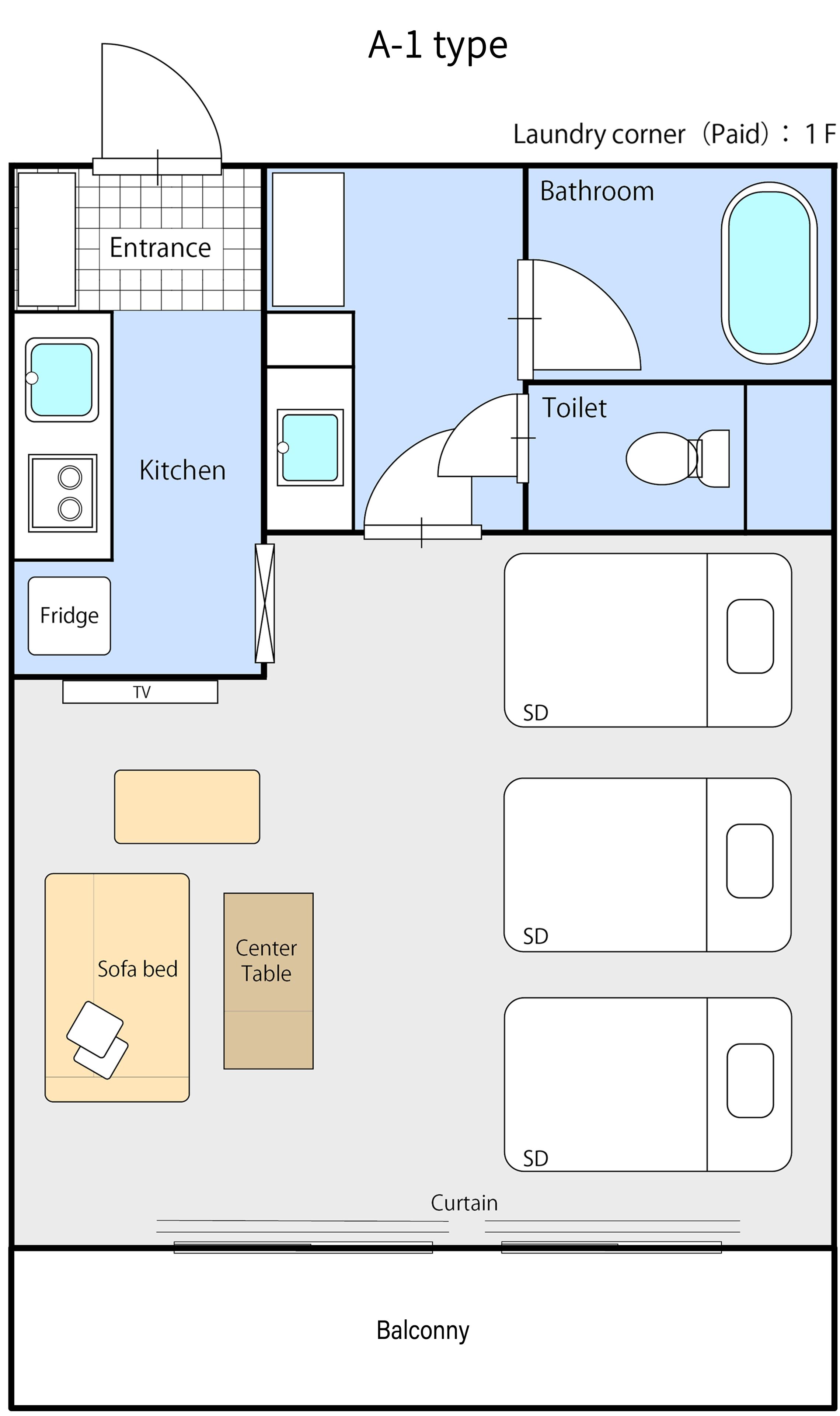Grundrids af en lejlighed af type A-1 med et køkken, køleskab, fjernsyn, sovesofa, sofabord, balkon og et badeværelse med toilet og brusebad.
