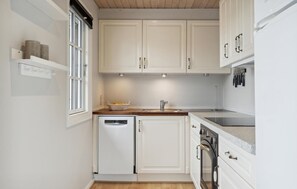 Fridge, stovetop, dishwasher, coffee/tea maker