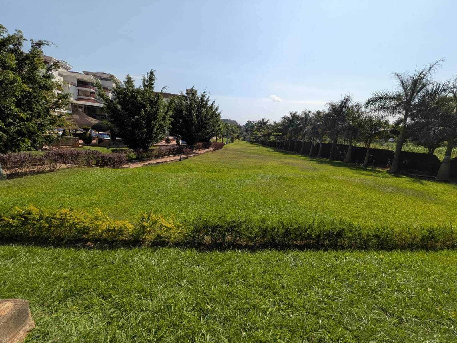 A well-maintained grassy area with a pathway leading to a building with multiple floors and balconies.