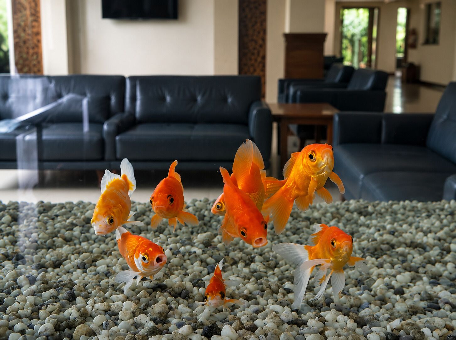 A fish tank with goldfish in a living room with a sofa and a coffee table.