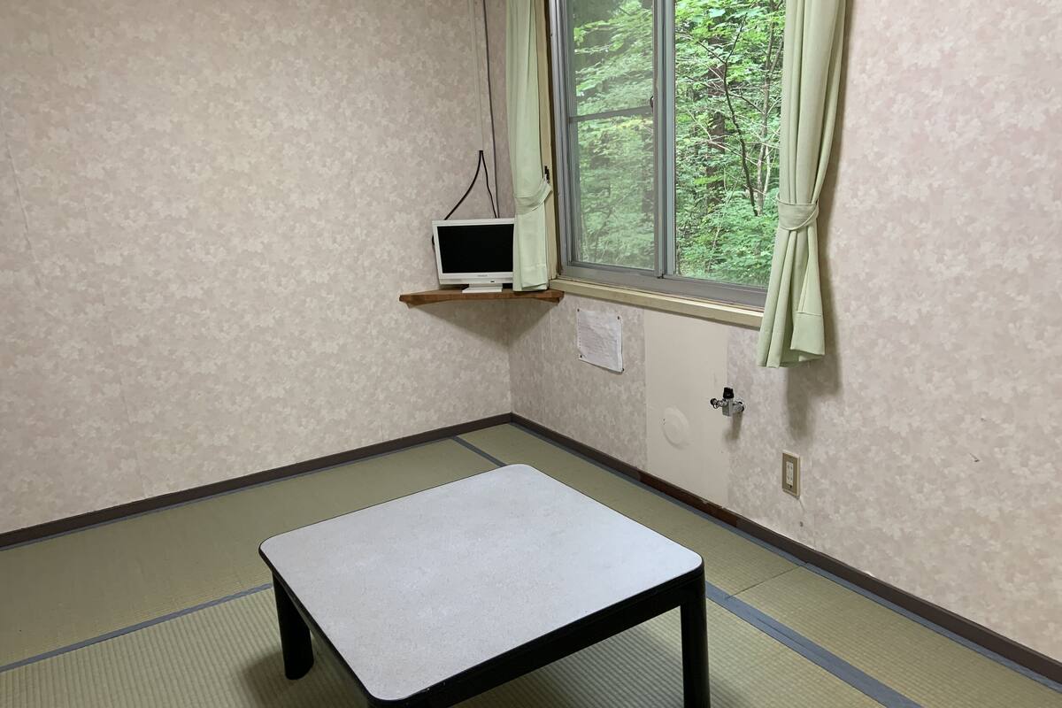 A room with tatami flooring, a low table, a window with a view of greenery, and a small shelf with a TV.