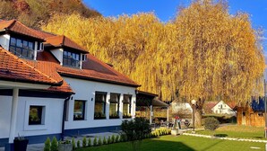 A two-story house with a red-tiled roof, a white exterior, and a small front yard with a lawn and a gravel path. - Kozjanski dvor (Kozje)