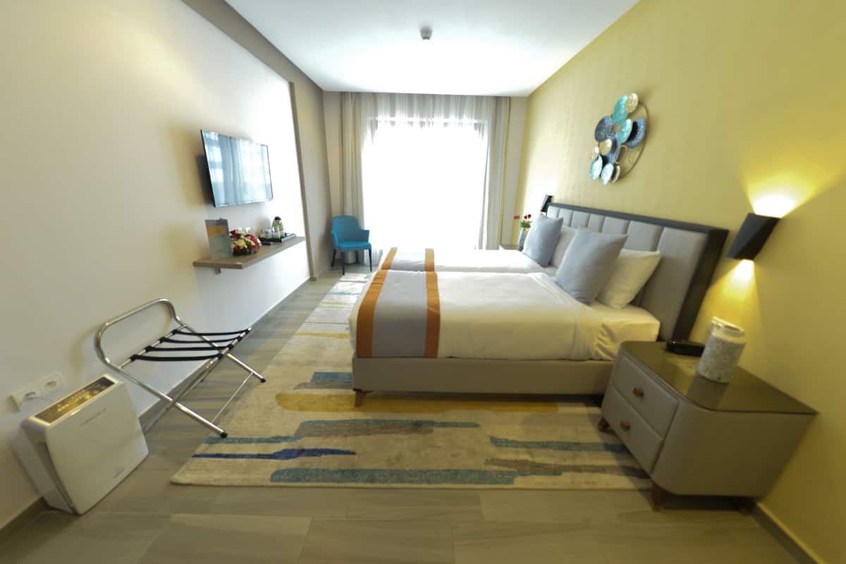Une chambre d’hôtel avec un lit, une table de chevet, une chaise, une télévision et une fenêtre avec des rideaux.