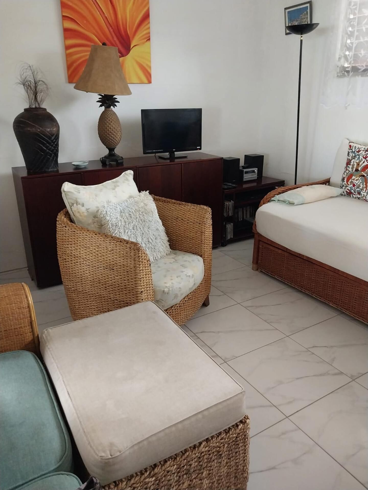 Ein Zimmer mit Fernseher, einer Couch, einem Bett und einer Dekovase.