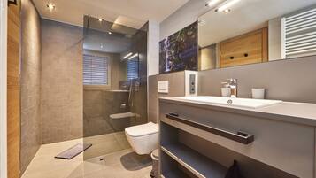 Shower, hair dryer, heated floors, towels