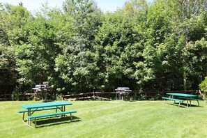 A grassy area with picnic tables and barbecue grills, surrounded by a wooden fence and dense trees. - Affordable Loft Unit at Inns of Waterville Valley (Waterville Valley)