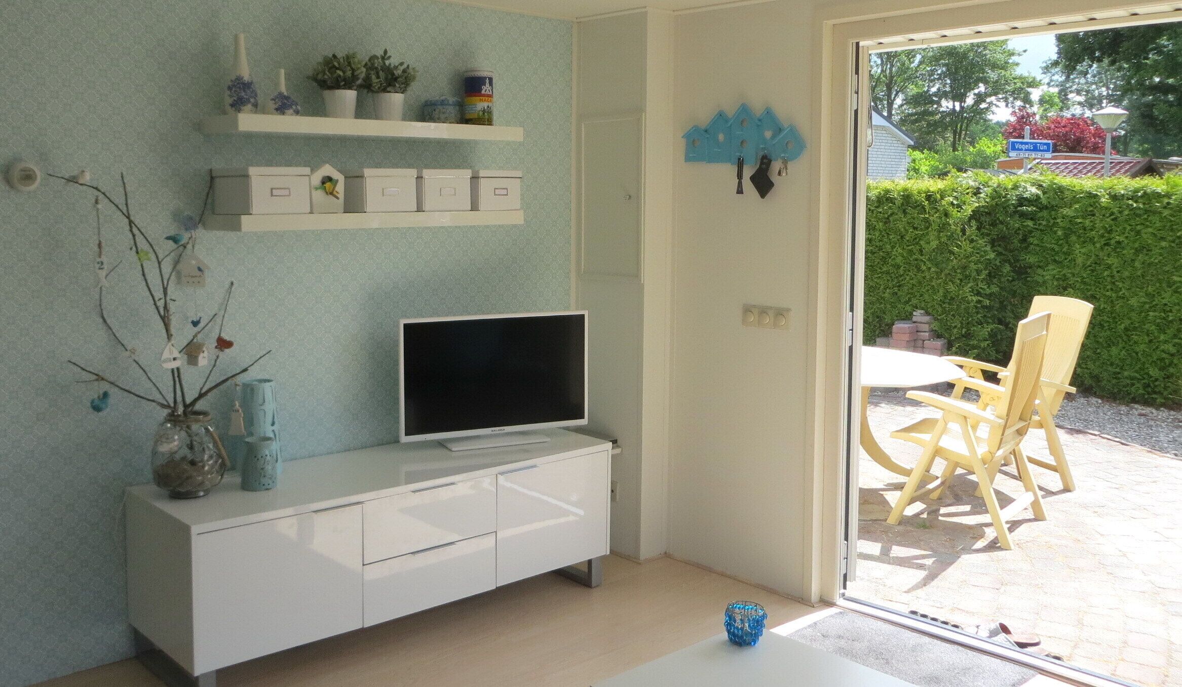 Une chambre moderne avec un téléviseur à écran plat posé sur un meuble blanc, un petit vase et une plante en pot accrochée au mur.