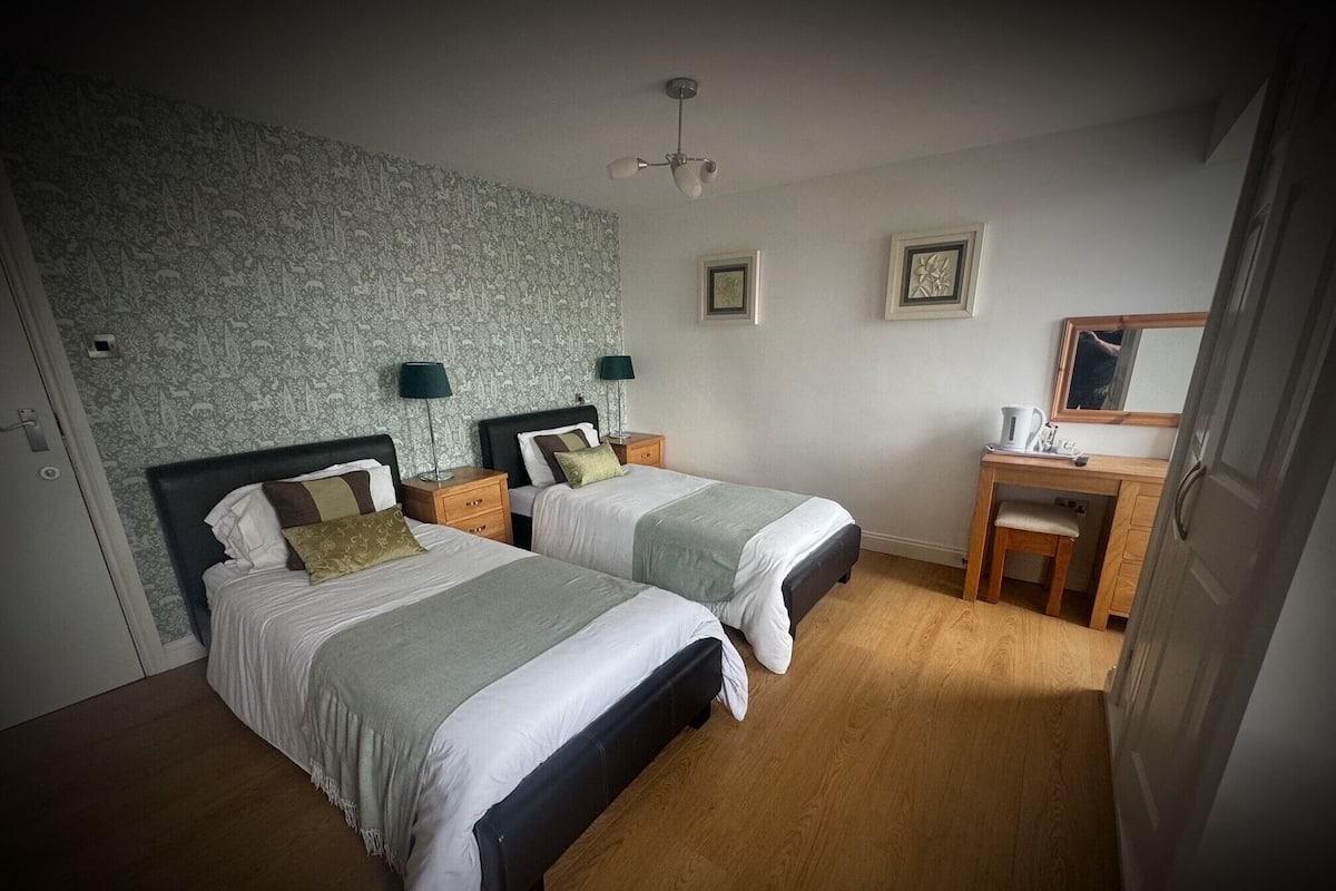A bedroom with two beds, a desk, and a chair.