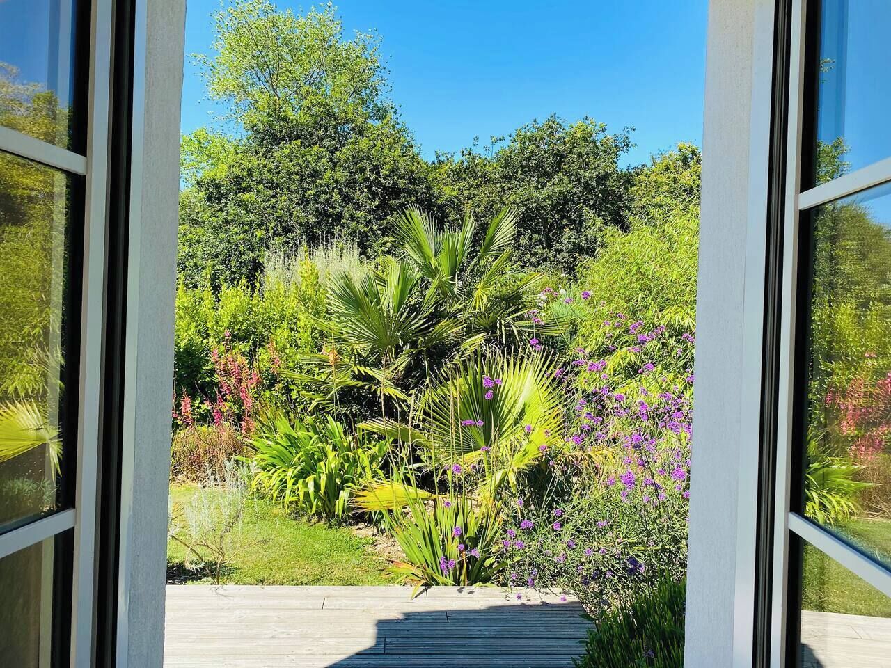 Une vue à travers une fenêtre sur un jardin luxuriant, où l’on peut admirer une grande variété de plantes et de fleurs.