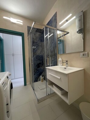 Shower, hair dryer, bidet, towels