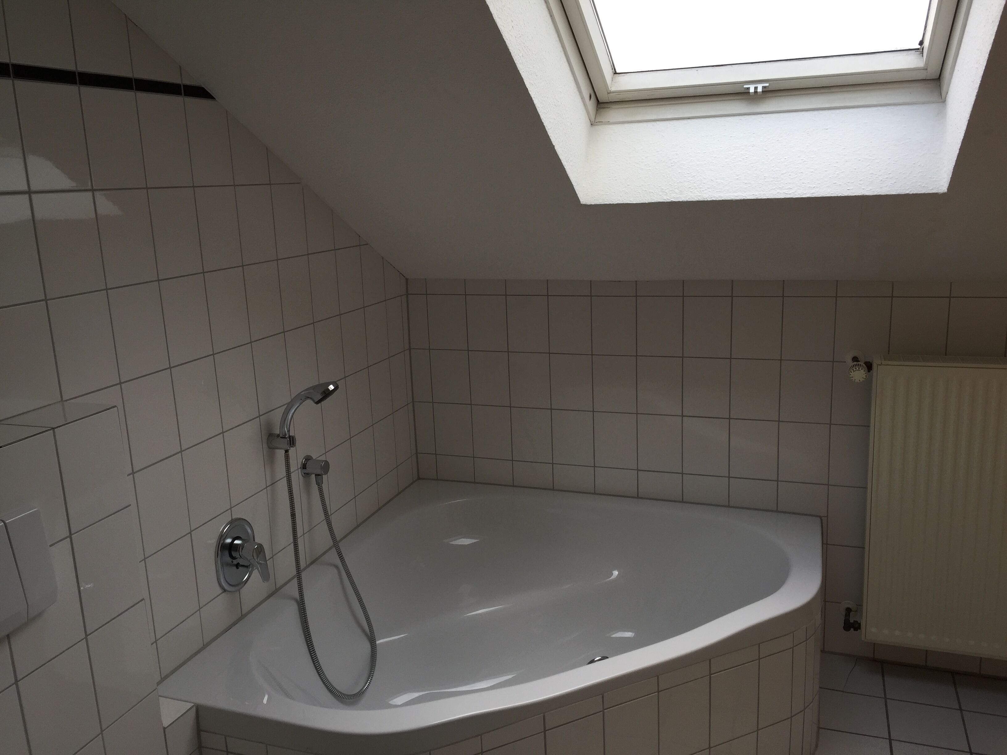 Une salle de bain moderne avec une lucarne, une baignoire et une douche.