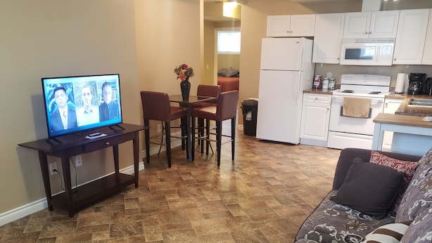 Una sala de estar con televisor, un comedor con sillas, una cocina equipada y un sofá estampado.