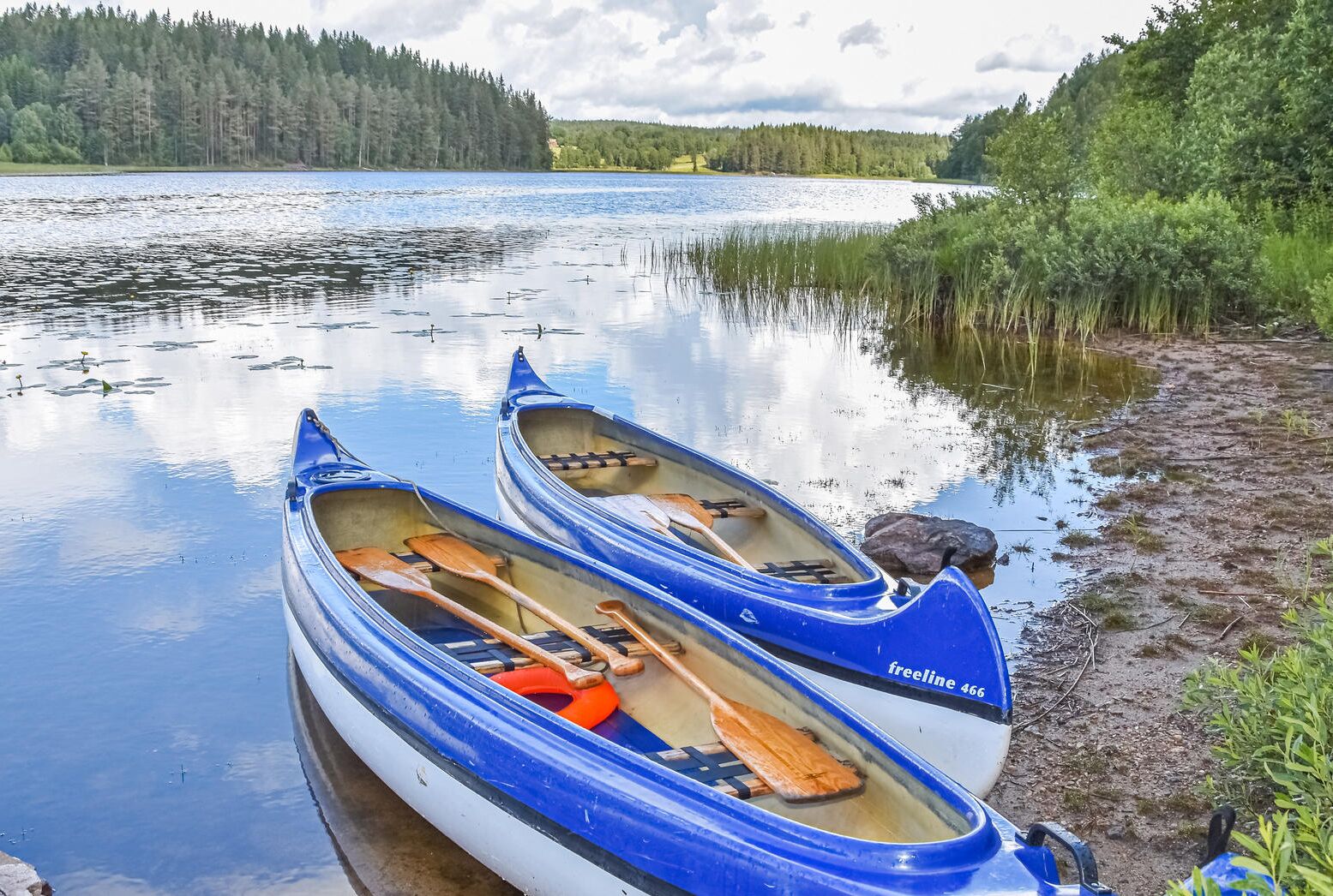Two canoes with paddles on a calm lake, surrounded by dense forest and a clear sky.