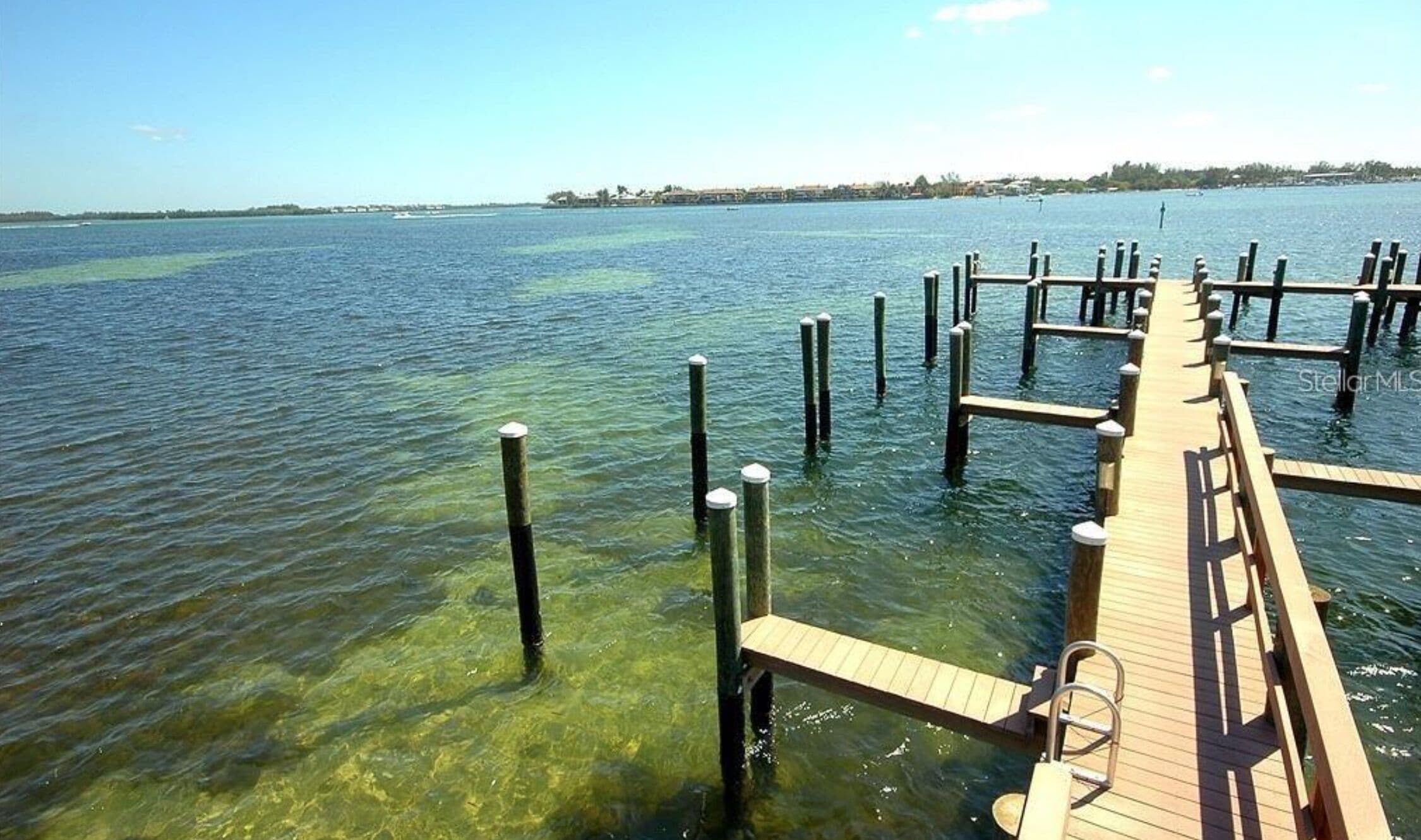 Un muelle de madera que se adentra en aguas transparentes con vegetación sumergida visible.