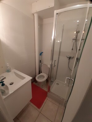 Shower, hair dryer, towels, toilet paper