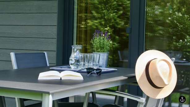A table with an open book, a pair of sunglasses, a glass pitcher, and a potted plant. - Refugium 2 (Kellenhusen)