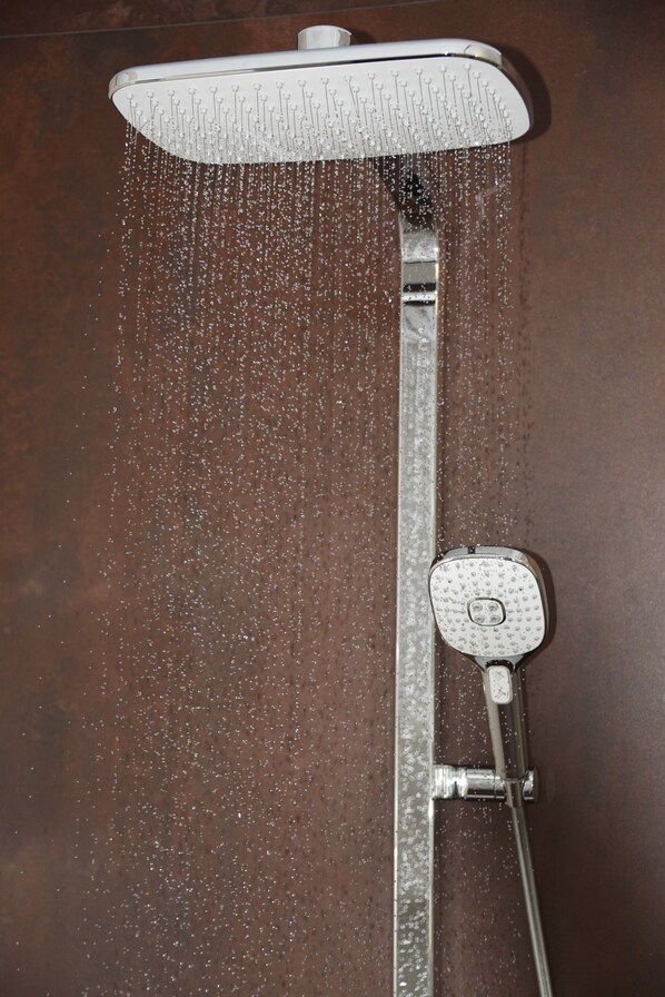 A showerhead with water flowing down, a handheld shower attachment, and a wall-mounted control valve. - Antique & Modern DELUXE 2 (Leipheim)