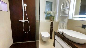 Hair dryer, towels, soap, toilet paper