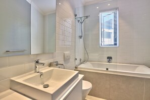 Combined shower/bathtub, hair dryer, towels, toilet paper