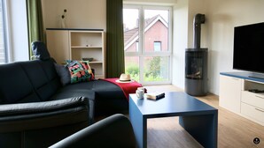 A modern living room with a black sofa, a red throw blanket, a coffee table, a flat-screen TV, and a wood-burning stove. - Refugium 3 (Kellenhusen)