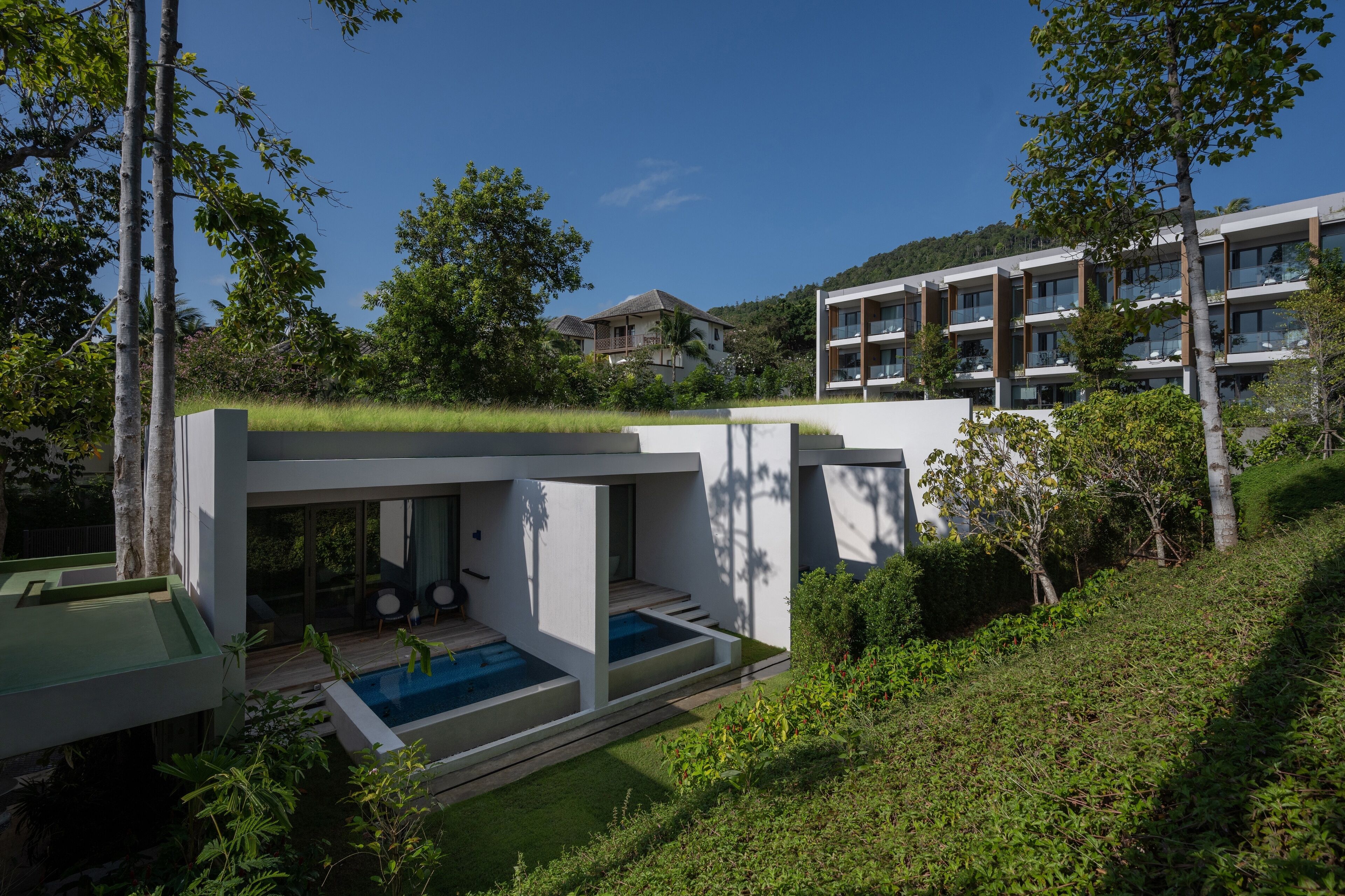 A modern house with a swimming pool, surrounded by lush greenery and a hillside.