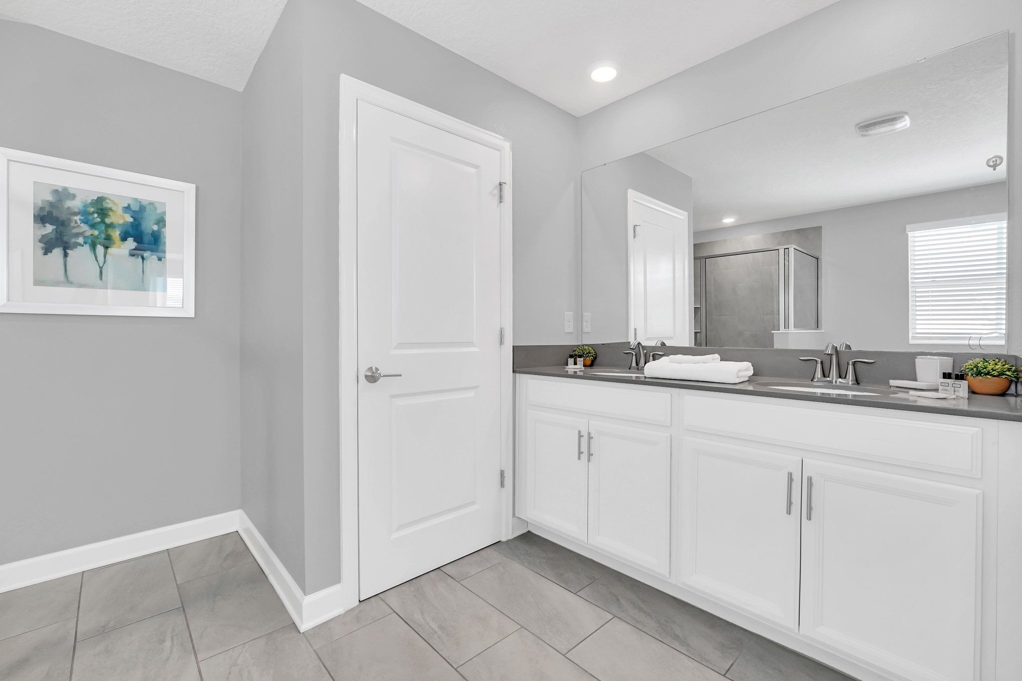 A modern bathroom with a double sink vanity, a large mirror, and a shower enclosure.