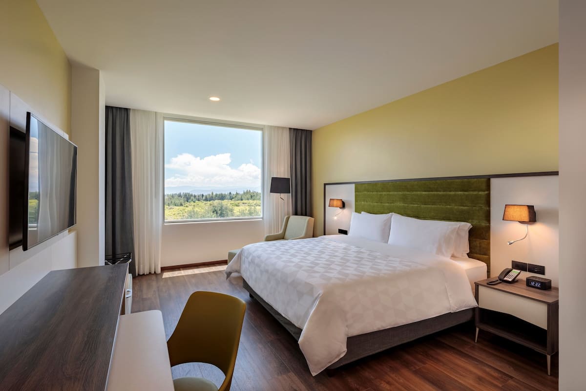 A hotel room with a bed, a desk, a chair, a TV, and a window with a view of the outdoors.